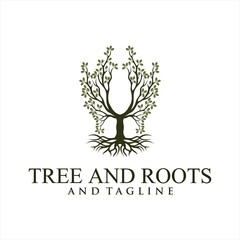 Root Of The Tree logo illustration. Vector silhouette of a tree,Circle Tree vector logo this beautiful tree is a symbol of life, beauty, growth, strength, and good health.