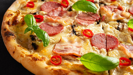 Close up pizza with salami, bacon, champignon, and basil on black background