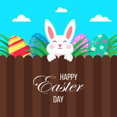 Easter poster with eggs and bunny. Happy Easter Day. Greetings and gifts for Easter in a flat style. Promotion and shopping template. Banner template for Easter