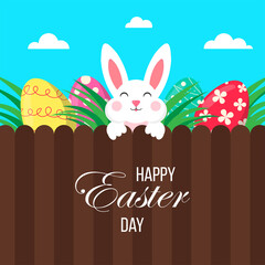 Easter poster with eggs and bunny. Happy Easter Day. Greetings and gifts for Easter in a flat style. Promotion and shopping template. Banner template for Easter