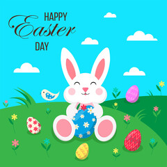 Easter poster with eggs and bunny. Happy Easter Day. Greetings and gifts for Easter in a flat style.Promotion and shopping template. Banner template for Easter