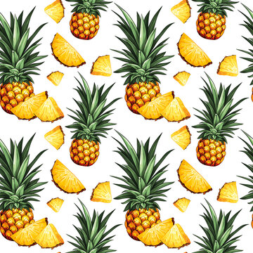 Pineapple seamless pattern. Design with hand drawn illustration of pineapple with leaves and pineapple slices