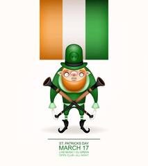 Happy St. Patrick's Day! Postcard, flyer, invitation. Character with a red beard in a green hat posing on a light background. Cartoon funny leprechaun with musical trumpets in his hands. Vector 