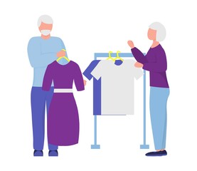 elderly people shopping.  vector illustration. married couple buy clothes. active pensioners 