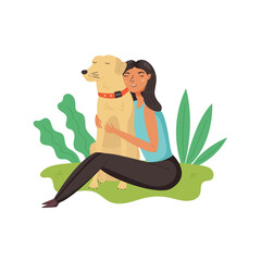 Obraz na płótnie Canvas Girl hugs golden retriever dog. Happy Pet Owners vector illustration