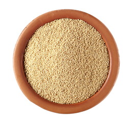 Amaranth seeds in clay pot isolated on white background, top view