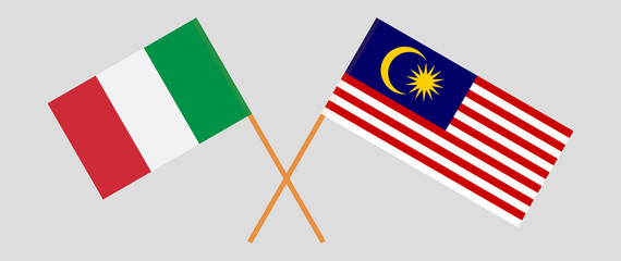Crossed flags of Italy and Malaysia. Official colors. Correct proportion