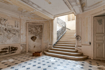 Spacious stairwell in a ruined empty castle