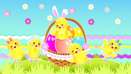 Basket with Easter eggs and funny chickens on the grass. Easter holiday illustration.