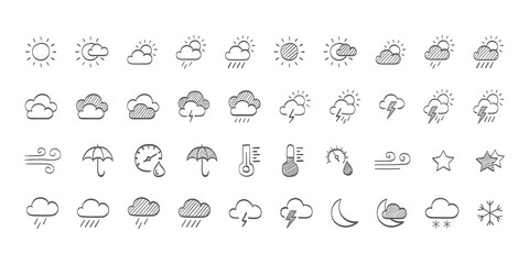 Weather icons. Drawn weathers icons. Weather icons sun and clouds in sky, rain with snow, thunder and lightning. Vector illustration