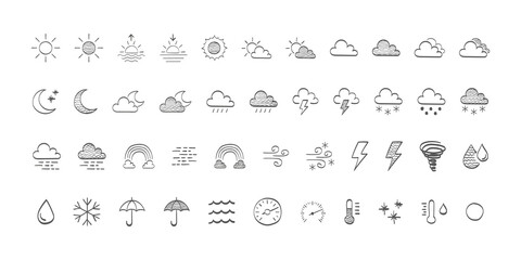 Weather and meteorology icons. Drawn weathers icons. Weather icons sun and clouds in sky, rain with snow, thunder and lightning. Vector illustration