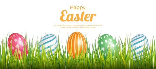 Easter card with realistic eggs and grass. Vector illustration of happy Easter holiday. Banner for a greeting card or advertising and shopping template for Easter on a white background