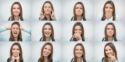 Set of beautiful woman showing several different facial emotions or expressions and gestures...