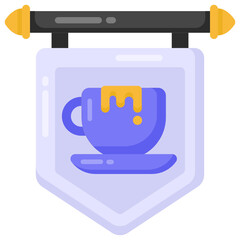 
Cup with emblem denoting flat icon of cafe board

