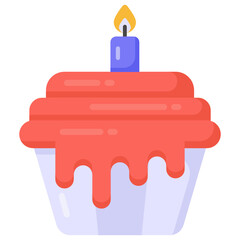 
Dessert with candle denoting flat icon of birthday cupcake 

