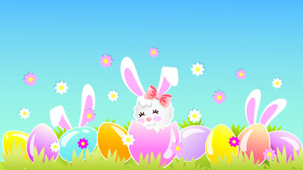 Easter colorful eggs and a funny rabbit on the grass with flowers.