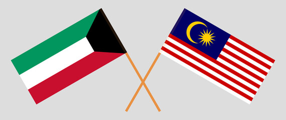 Crossed flags of Kuwait and Malaysia. Official colors. Correct proportion