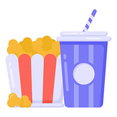 
Flat style of snacks icon, popcorn with drink 

