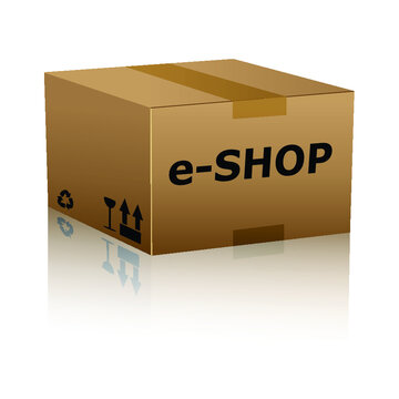 e-shop text over cardboard box isolated. vector illustration