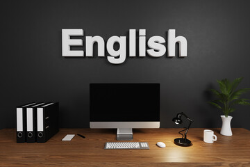 modern clean office workspace with computer screen and dark concrete wall; english lettering; tutorial concept; 3D Illustration