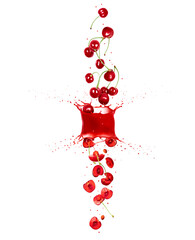Whole and sliced ripe cherries are falling down through splashes of juice