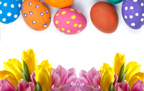 Easter background. Easter flowers. Easter eggs. Happy Easter card. Multicolored Easter eggs. Easter.  Isolate. Copy space