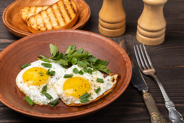 fried eggs with herbs on a clay plate on a dark wooden background close up
