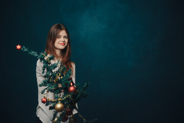 woman in white shirt fashion glamor holiday luxury studio dark blue background