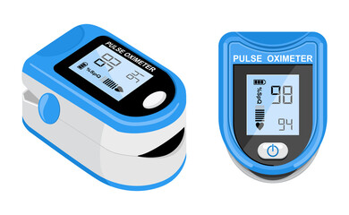 Pulse oximeter icon on the median finger for measuring oxygen in the blood. Health care for blood saturation test. Vector illustration