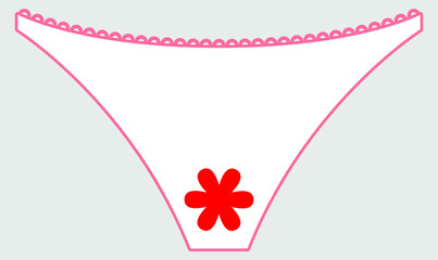 Vector graphics - white women's panties with pink frill and red flower in the middle close-up and copy space. Concept-menstruation and women's health