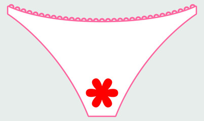 Vector graphics - white women's panties with pink frill and red flower in the middle close-up and copy space. Concept-menstruation and women's health