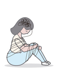 Sad woman sitting tied vector. Depression concept. Anxiety and negative thoughts.