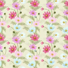 Colorful cosmos flowers seamless pattern for textile, fabric, wrapping paper, and backdrop.