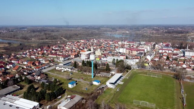 Aerial drone view of Bosanski Samac, town and municipality in north Bosnia and Herzegovina. Panoramic view.
