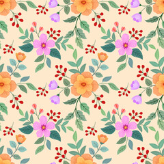 Obraz premium Seamless colorful flowers vector on orange background for fashion prints, wrapping, textile, paper, wallpaper.