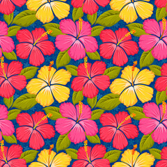 Obraz na płótnie Canvas Colourful hibicus flowers seamless pattern.