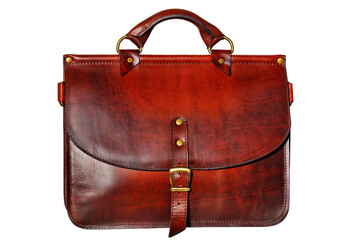 Business stylish leather briefcase in red-brown color isolated on white background.