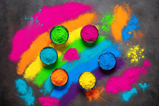 Colored Holi Powders In A Bowl. Holi Traditional Festival. View From Above.