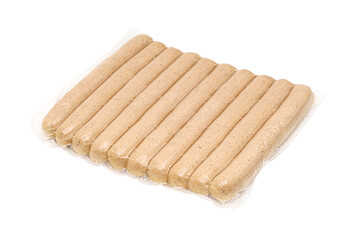 Pack of raw german pork sausages isolated on white