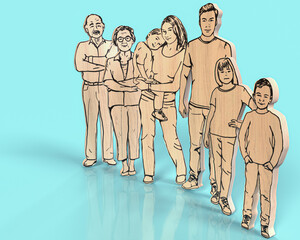 symbolic extended family group with cut wood look on blue background