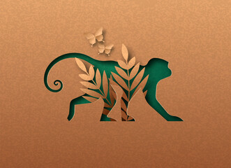 Green paper cut monkey animal with nature leaf