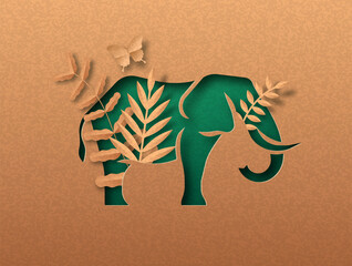 Green paper cut elephant animal with nature leaf