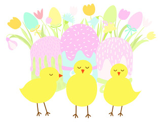 Happy Easter! Easter greeting card with cakes, colourful eggs, flower bouquet and baby chickens. Cute cartoon Easter card. Design for home decor, holiday cards, invitations, textile.