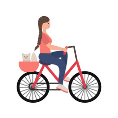 Fototapeta na wymiar Young woman on bike with her cat vector illustration