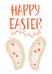 Spring Cute bunny rabbit Ears with lettering Happy Easter day. Perfect for greeting card, poster, invitation. Vector hand drawn design