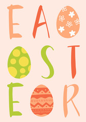 Spring Easter modern greeting card and invitation for Easter Egg hunt party in cute hand drawn style with decorative eggs and lettering