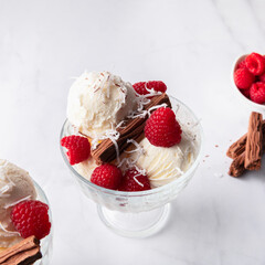 Vanilla Ice Cream Scoops with raspberries and chocolate sticks, easy dessert at home