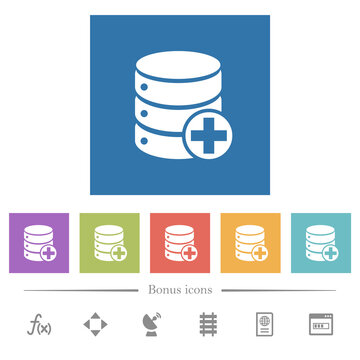 Add to database flat white icons in square backgrounds