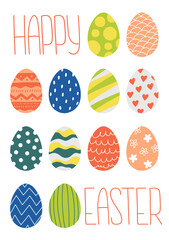 Spring Easter modern greeting card and invitation for Easter Egg hunt party in cute hand drawn style with decorative eggs and lettering 