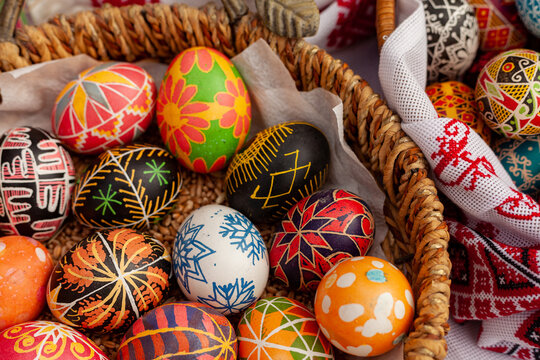 Krasnodar, Krasnodar Krai, Russia 03.24.2019  The ancient pagan festival of Maslenitsa. Easter eggs into national old Russian patterns. Celebration according to ancient traditions.